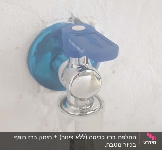 ברז מים עם ידית כחולה וצינור מחובר